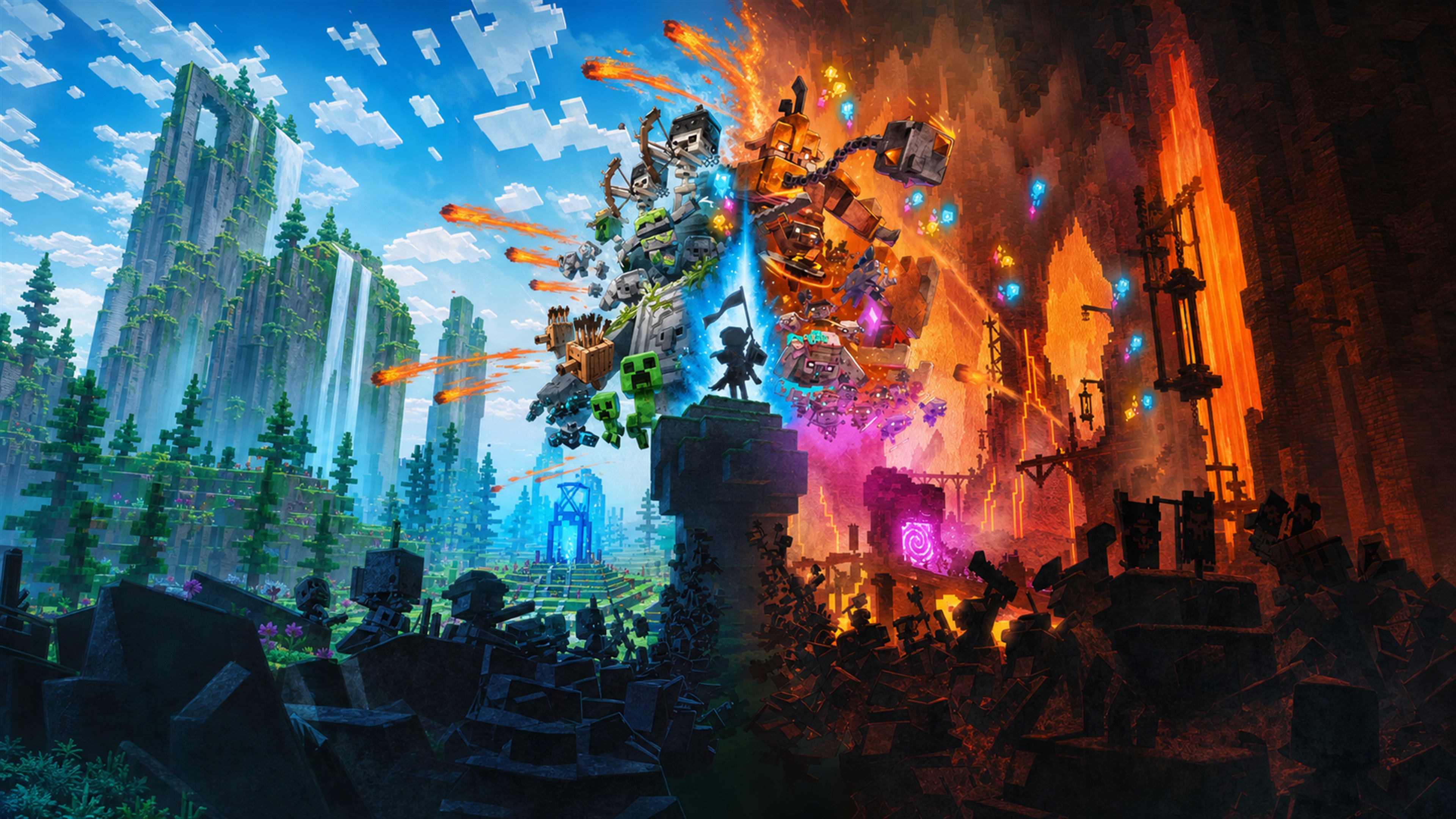 Minecraft characters exploring two contrasting worlds