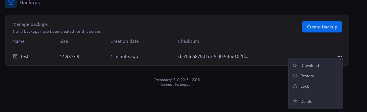 Konnect Backups page with Create backup and Download actions