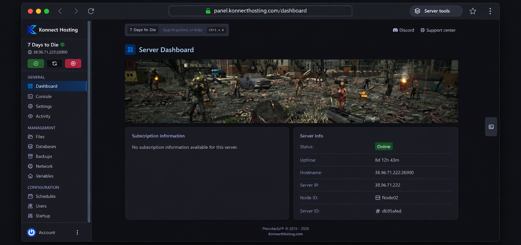 Konnect Hosting Arix server dashboard