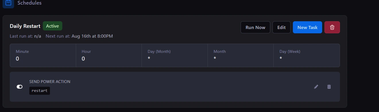 Arix schedule details showing cron fields, Run Now, Edit, New Task, and a restart task